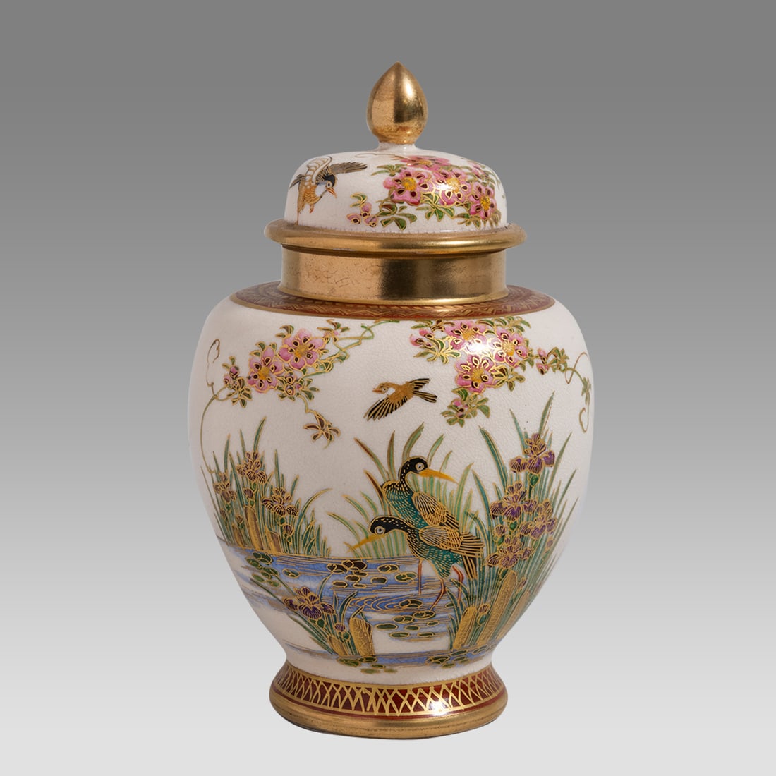 Japanese, Satsuma Ceramic Lidded Vase, signed. (1 of 3)