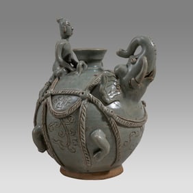 Southeast Asian Stoneware Kendi Elephant Form Vessel with Rider.