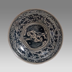 Southeast Asian Ceramic Plate Blue and white in color with an extensive decoration throughout of