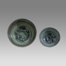Lot of 2 Southeast Asian Ceramic Bowls Blue and white in color with an extensive decoration