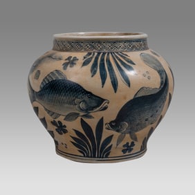 Chinese, Large Blue and White Ceramic Porcelain Jar with Fish and Aquatic plants.