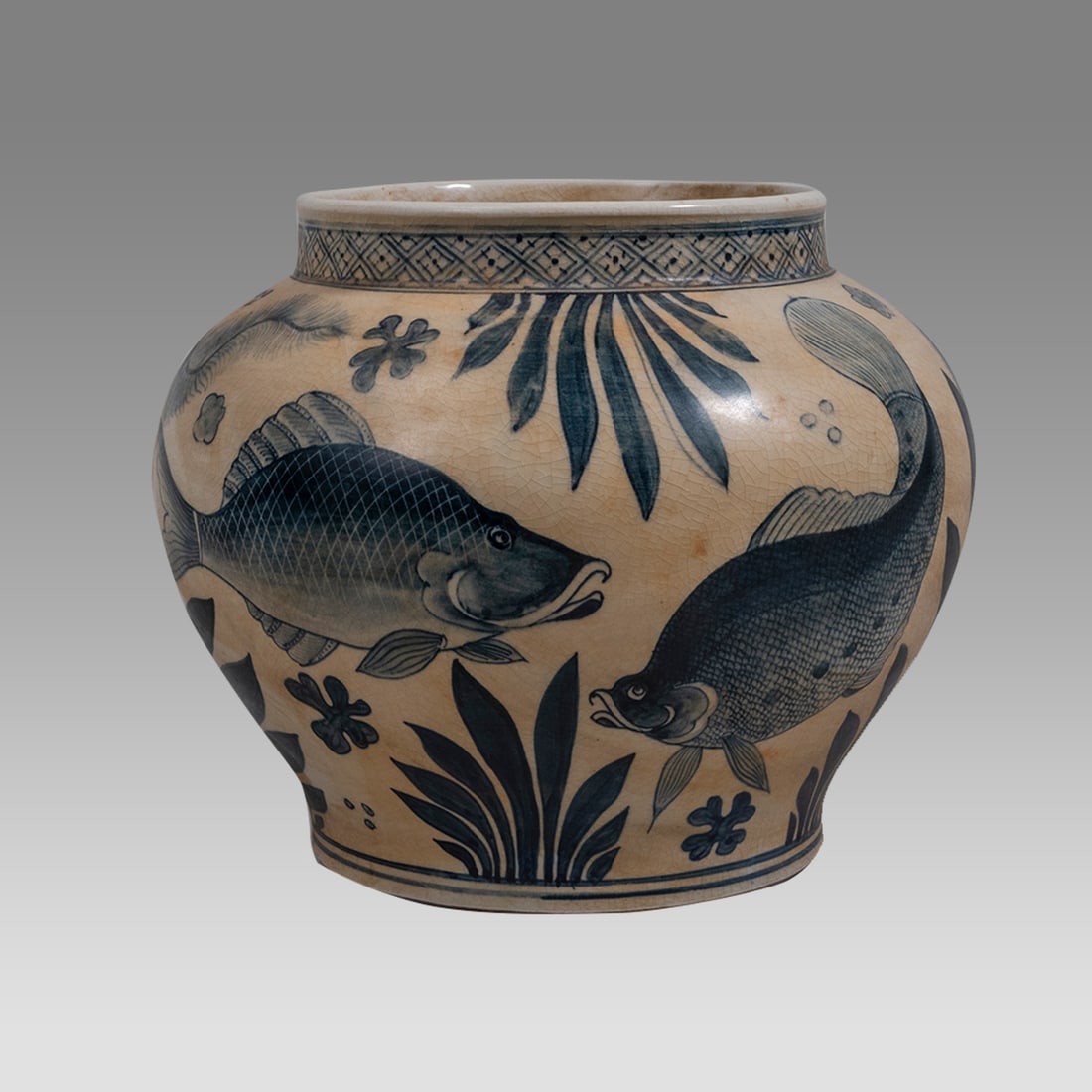 Chinese, Large Blue and White Ceramic Porcelain Jar with Fish and Aquatic plants. (1 of 3)