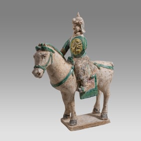 Chinese, Ming Dynasty Large Glazed Pottery Horse and Warrior Rider.