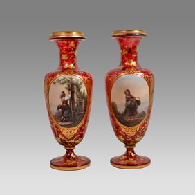 19th century Pair of Red Bohemian Glass Vases.
