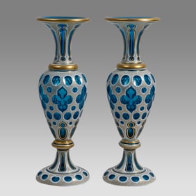 19th century Pair of Blue and White Bohemian Glass Vases.