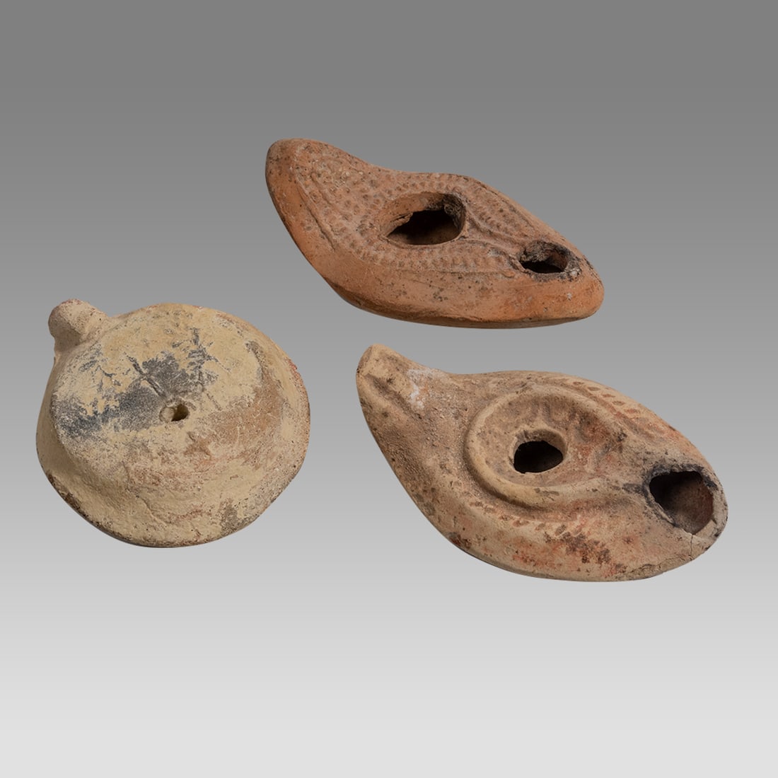 Lot of 3 Ancient Holy Land Byzantine Terracotta Oil Lamps c.6th century AD. (1 of 2)