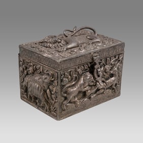19th century Nepal Silver Box With Lions, Elephant.
