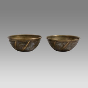 A pair of Antique Mamluk Revival Syrian Silver Inlaid Brass Bowls.