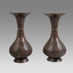 A pair of Antique Mamluk Revival Syrian Silver Inlaid Brass Vases.