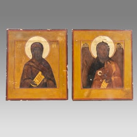 A Pair of Antique Russian Icons With Virgin Mary and John the Baptist