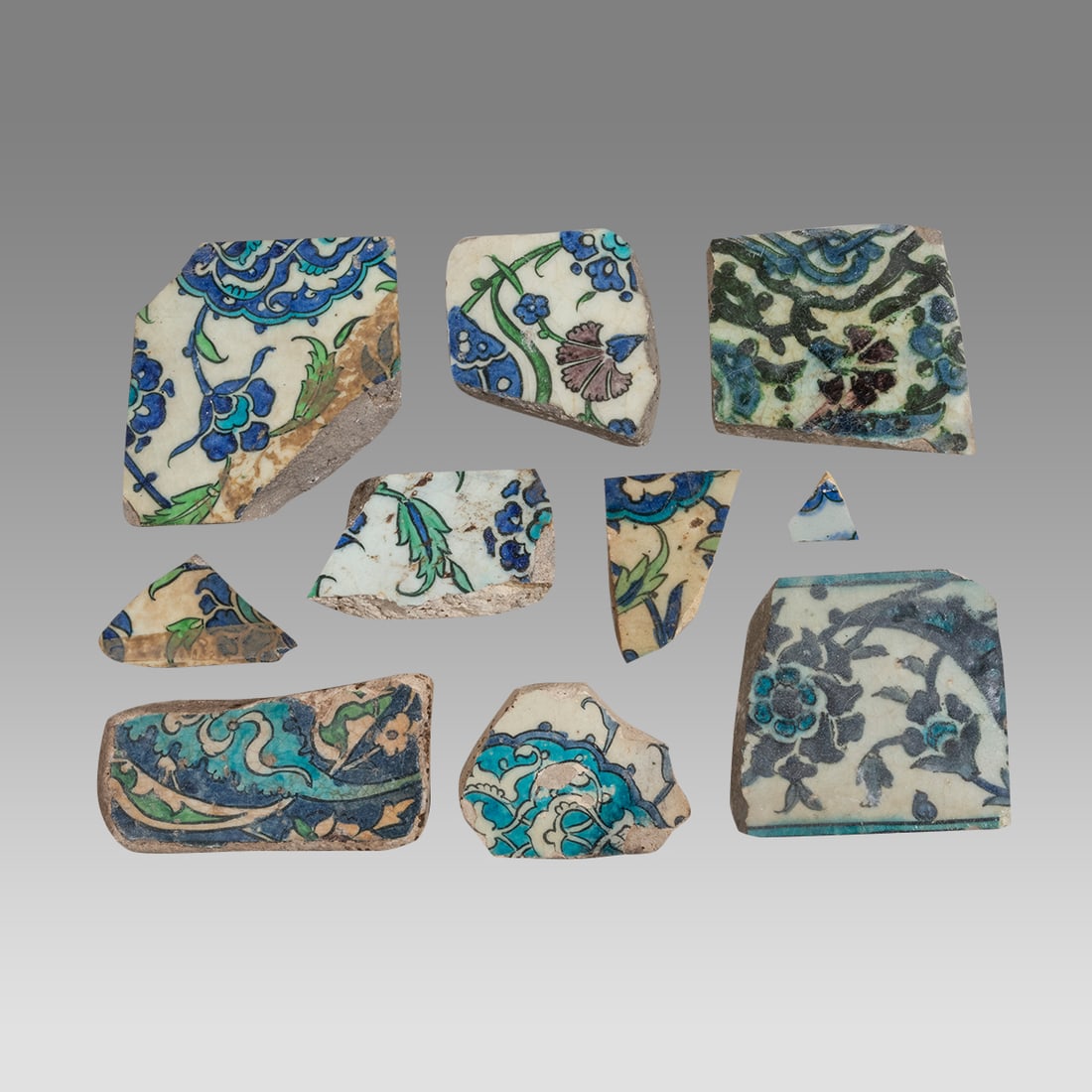 Lot of 10, 17th century Ottoman, Syrian Ceramic Tiles Fragments. (1 of 2)
