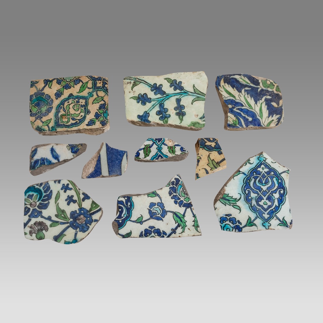 Lot of 10, 17th century Ottoman, Syrian Ceramic Tiles Fragments. (1 of 2)