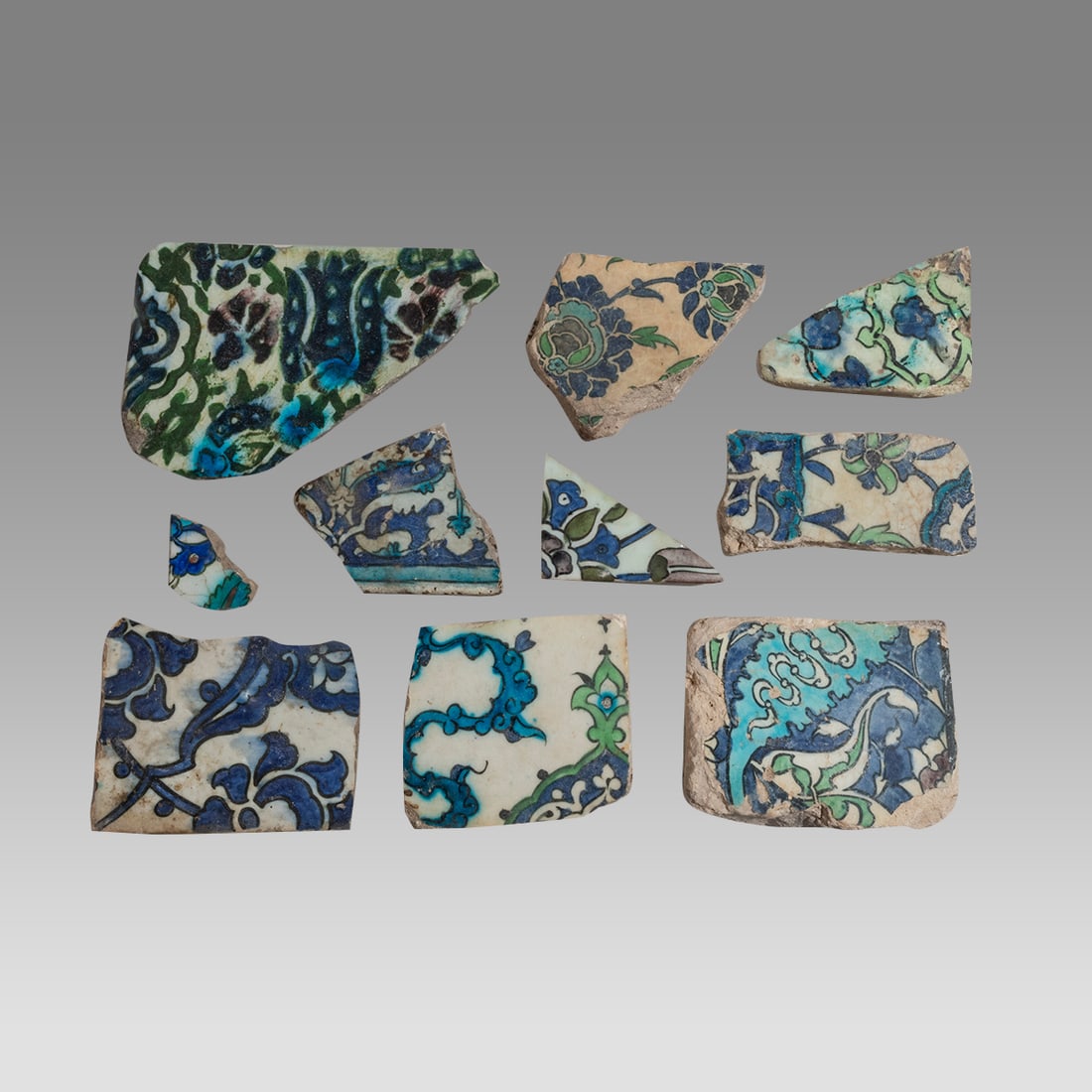 Lot of 10, 17th century Ottoman, Syrian Ceramic Tiles Fragments. (1 of 2)