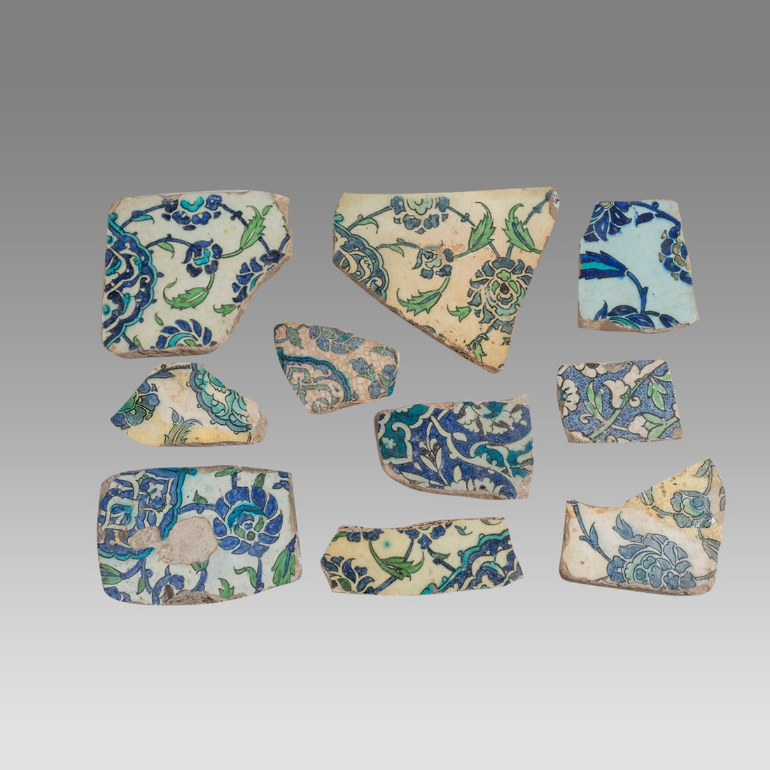 Lot of 10, 17th century Ottoman, Syrian Ceramic Tiles Fragments. (1 of 2)