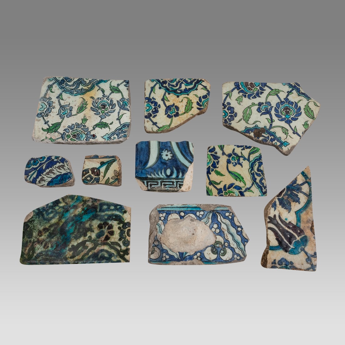 Lot of 10, 17th century Ottoman, Syrian Ceramic Tiles Fragments. (1 of 2)