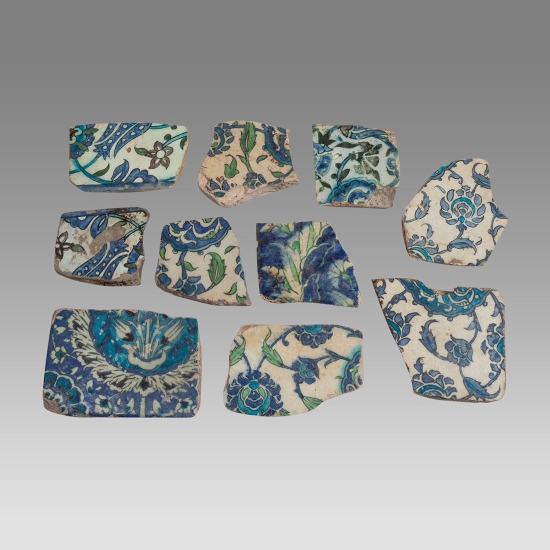 Lot of 10, 17th century Ottoman, Syrian Ceramic Tiles Fragments. (1 of 2)