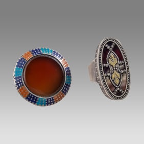 Lot of 2 Middle Eastern Silver Rings with Enamel and Agate Stone.