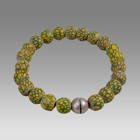 Indonesia, Java Manik Sayul Green Yellow Mosaic Glass Bead Necklace.