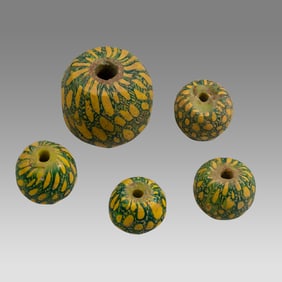 Lot of 5 Large Indonesia, Java Manik Sayul Green Yellow Mosaic Glass Beads.