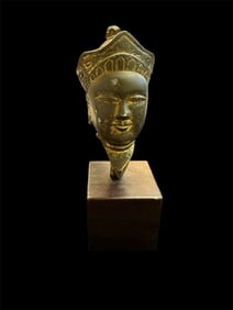 Antique Crowned Tibetan Gilded Bronze Head Of Buddha