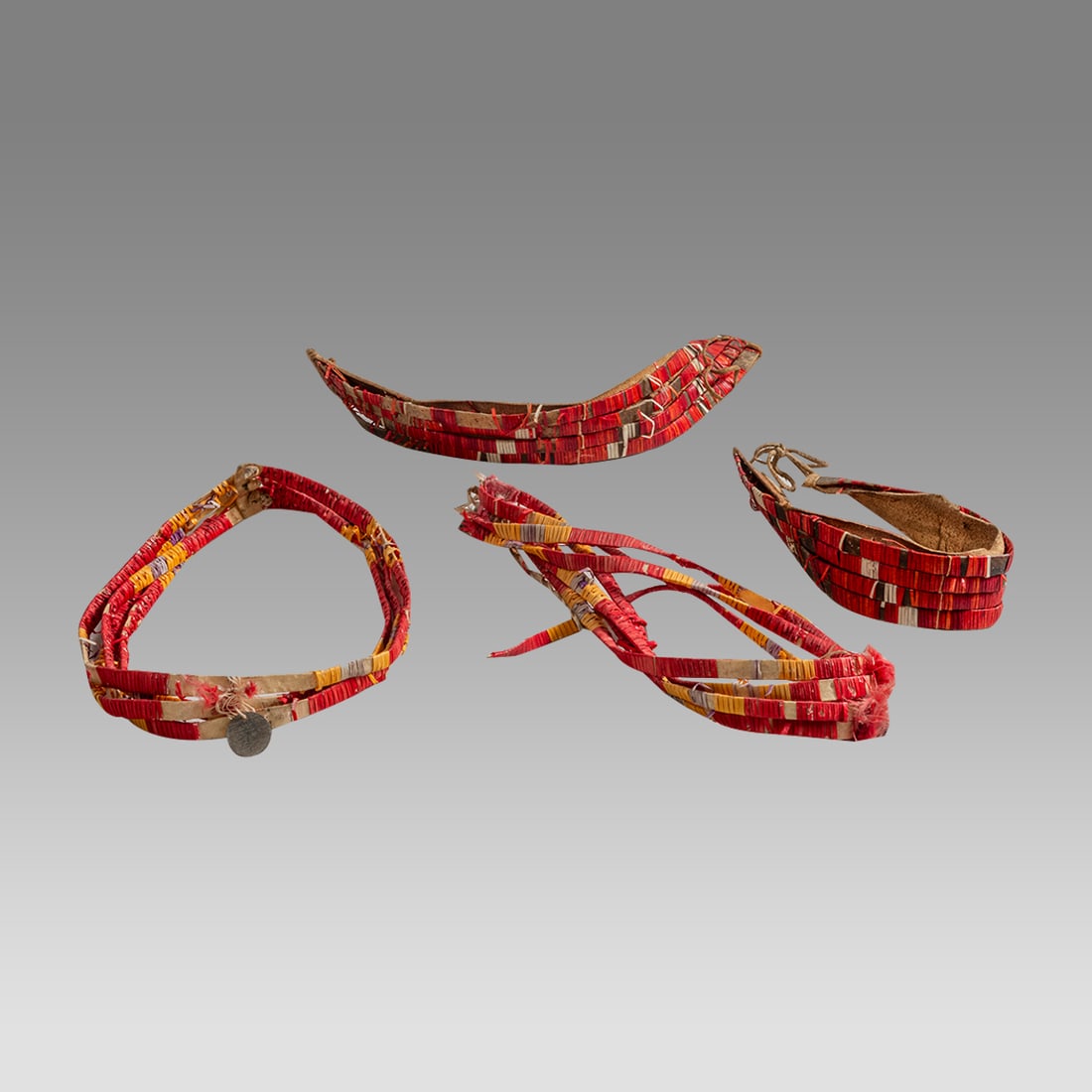 Native American wristlets/anklets with porcupine quill decorations: Native American wristlets/anklets with porcupine quill decorations. Size 4 - 7 inches diameter. lot of four Native American wristlets/anklets with porcupine quill decorations. Provenance: Property of