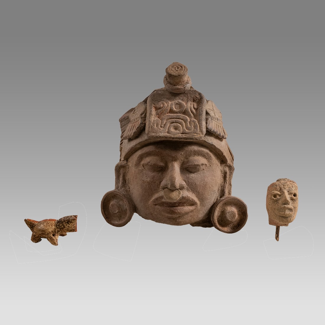 Lot of 3 Ancient Maya Head, Huastec Head and Mini Nayarit Dog Whistle. (1 of 3)
