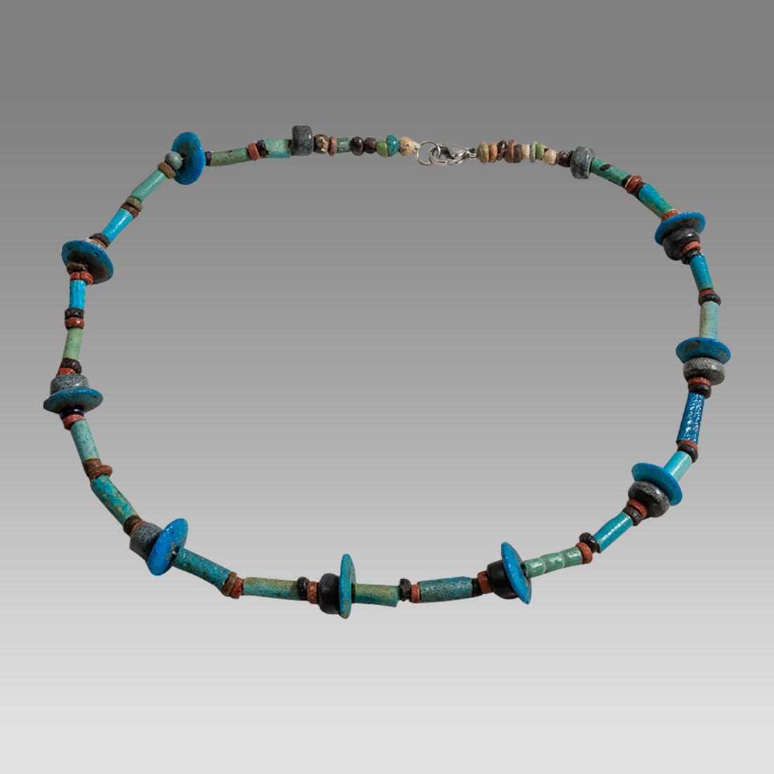 Ancient Egyptian Faience, Necklace c.300-50 BC.: Ancient Egyptian Faience, Necklace c.300-50 BC. Size 17 3/4 inches length. Great Looking single strand Faience Bead necklace. wearable. Provenance: Ex Secret Eyes Gallery New York 1970's-1980's
