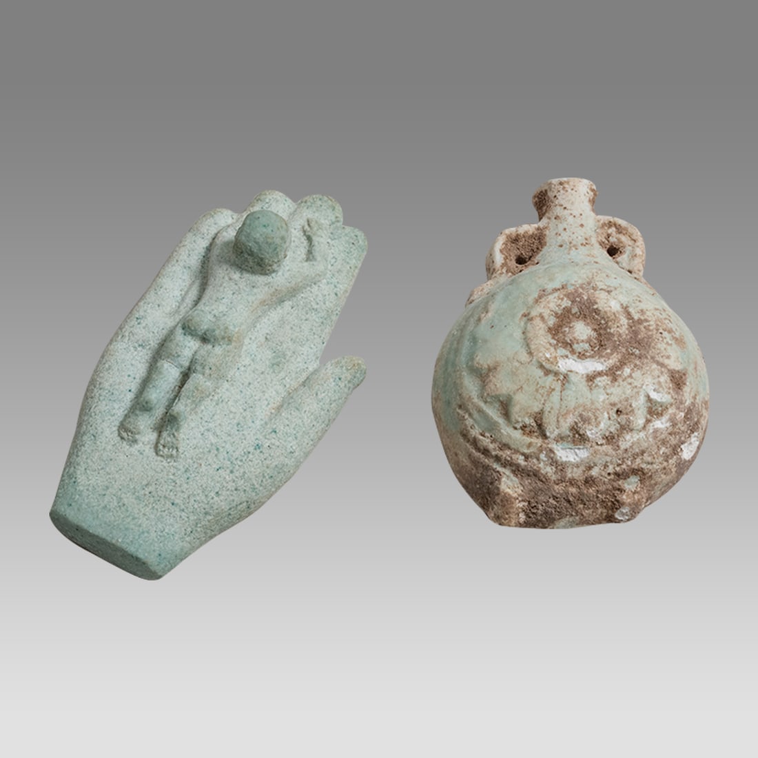 Lot of 2 Ancient Egyptian Faience Flask, Votive Hand c.664-332 BC. (1 of 2)