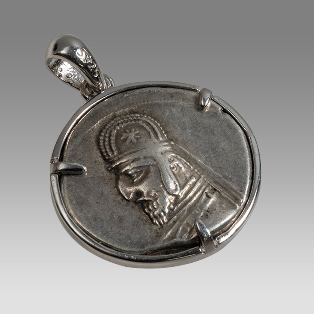 Ancient Kings of Parthia, Orodes I, Silver Drachm, c. 80-75 BC. Set in silver Pendant. (1 of 2)