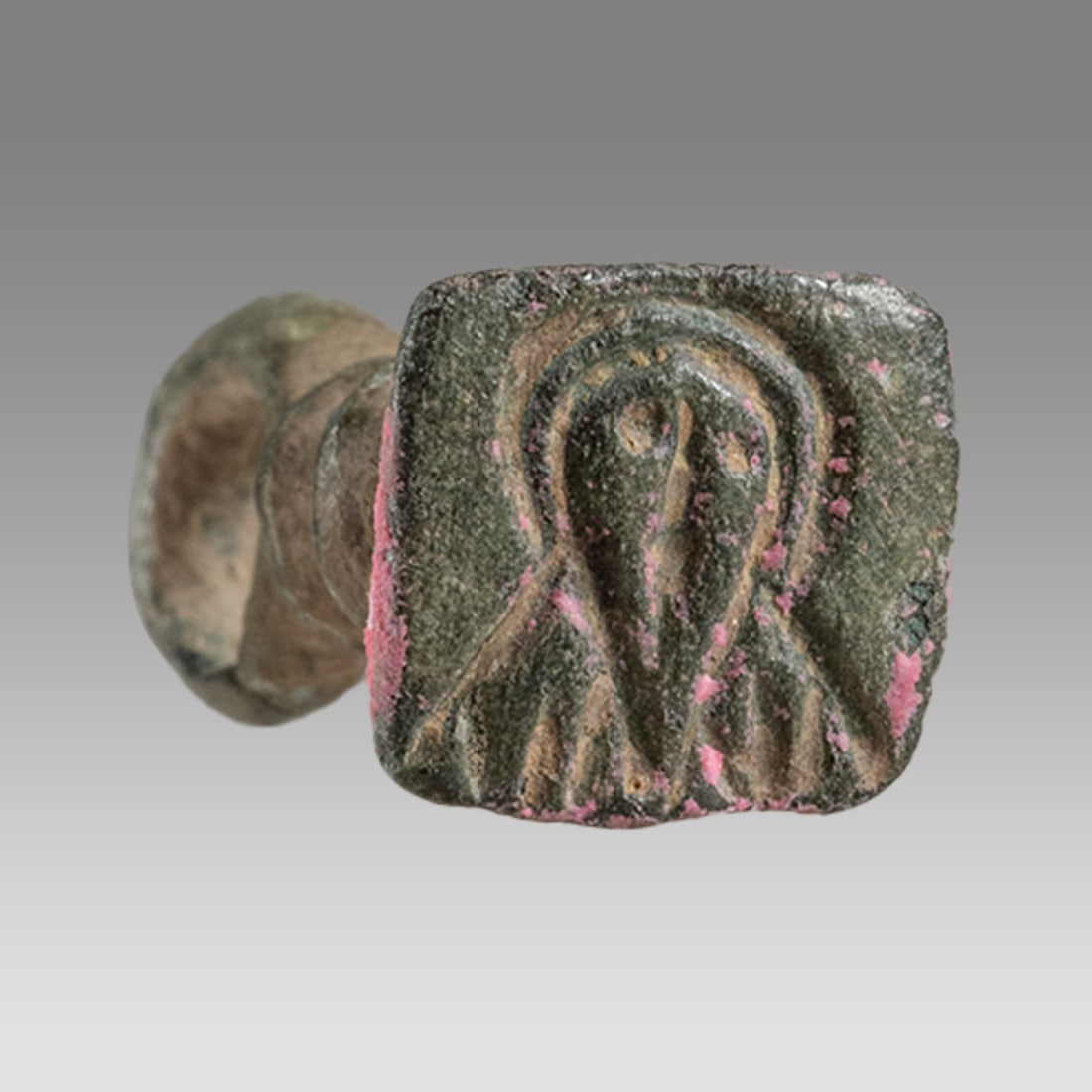 Ancient Byzantine Bronze Stamp Seal With Christ c.6th century AD.: Ancient Byzantine Bronze Stamp Seal With Christ c.6th century AD. Size 24 x 10 mm. Cast bronze stamp seal with bust of Christ, with suspension handle. Provenance: Private collection, bought via London