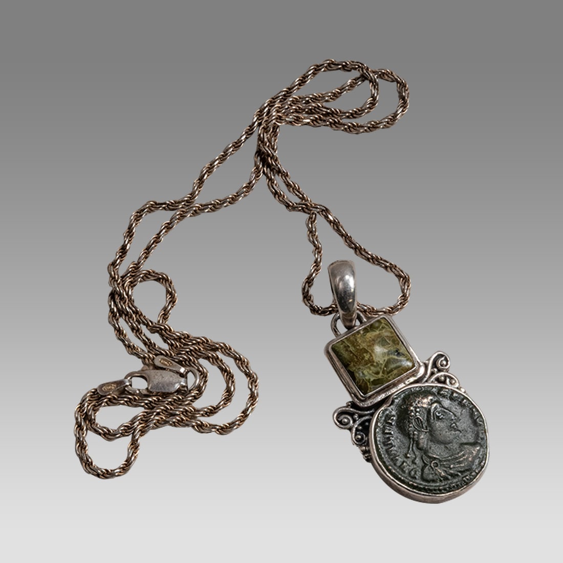 Ancient Roman Bronze Coin c.4th century AD. Set in Silver Pendant, Necklace. (1 of 2)