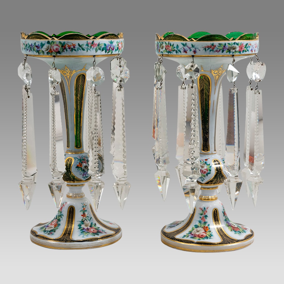19th century Pair of Large Bohemian Green Glass Lusters.: 19th century Pair of Large Bohemian Green Glass Lusters. Size 11 inches high, 5 inches diameter widest point. 2 layers large Bohemian green and white glass lusters with hand painted enamel and gold fl