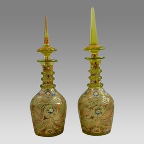 19th century Pair of Large Bohemian Green Glass Decanters For the Turkish Market.
