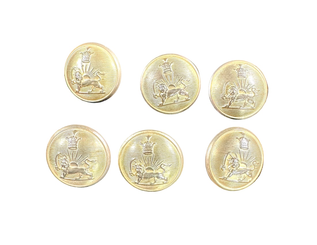 Set of 6 Pahlavi Iran Persia bronze military buttons, lion and the sun SPORRONG Sweden: Set of 6 Pahlavi Iran Persia bronze military buttons, lion and the sun SPORRONG Sweden. Set of 6 excellent condition, 23mm in diameter