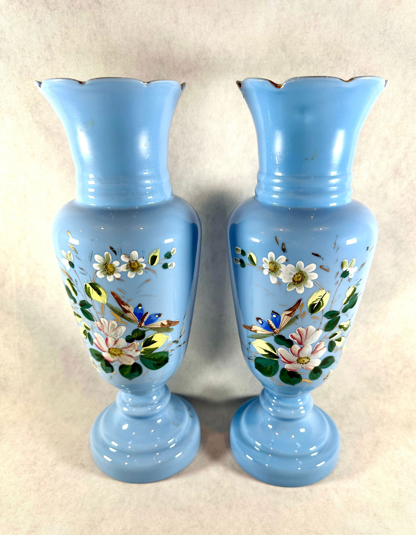 Pair of hand painted Bristol opaline possibly bohemian vases (1 of 4)