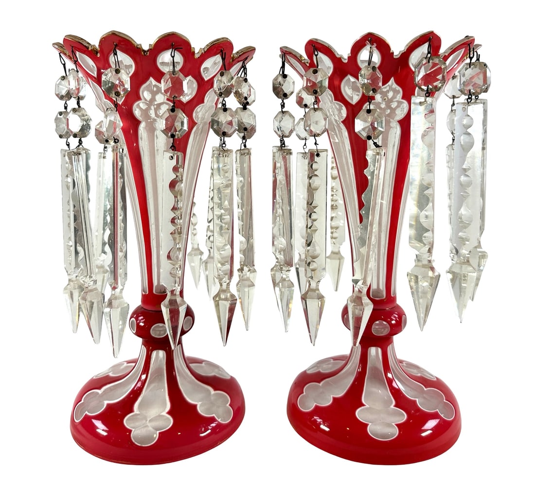 Antique Pair of Cut to Clear overlay Bohemian Moser Glass Lusters prisms: Antique Pair of Cut to Clear overlay Bohemian Moser Glass Lusters prisms. This pair of lusters boasts an outer pink color, cut to clear with a white outline. They measure 12 1/4 inches tall, and 6 1/4