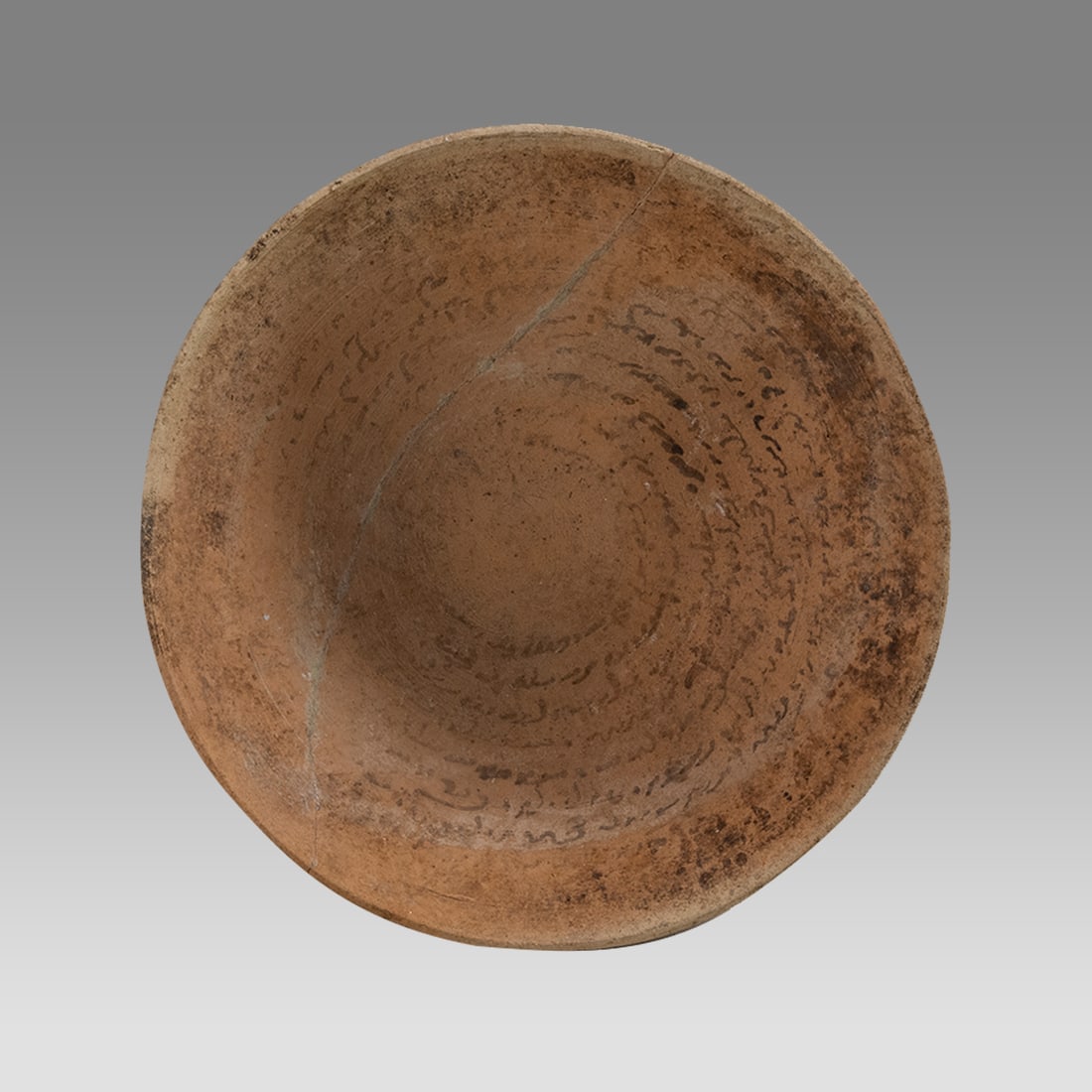 Ancient Aramaic Incantation Bowl c.5th century AD.: Ancient Aramaic Incantation Bowl c.5th century AD. Size 6 1/2 inches diameter, 3 inches high. Nice collection of Terracotta Bowl With Judaean-Aramaic? inscriptions. Provenance: Ex Collection Of Joel W