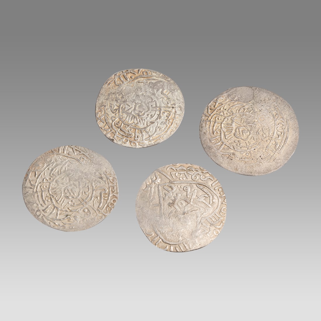 Lot of 4 Islamic Timurid Empire, Samarkand Silver Tanka c.15th century AD.: Lot of 4 Islamic Timurid Empire, Samarkand Silver Tanka c.15th century AD. Size 28-30 mm.