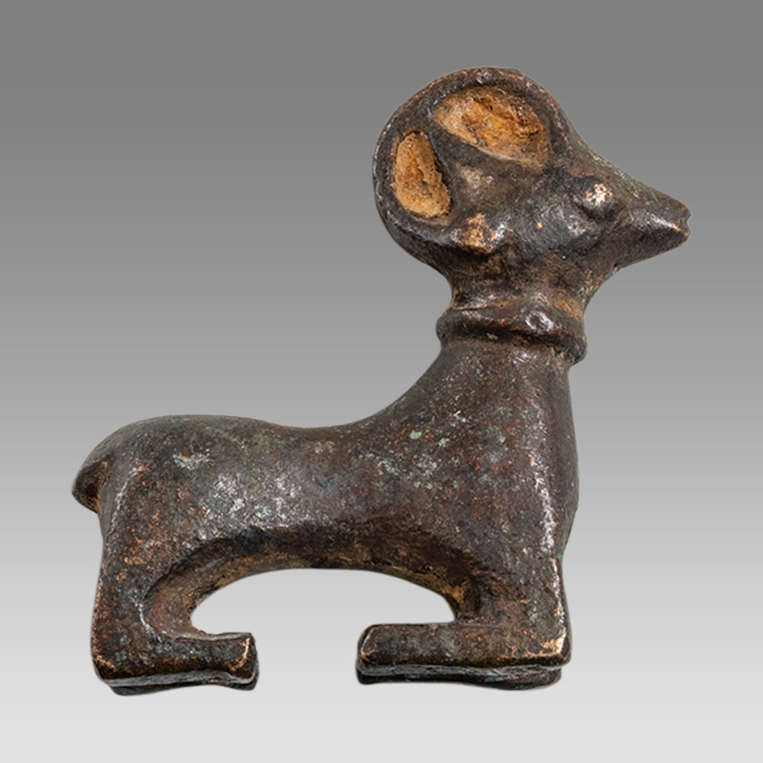 Ancient Luristan Bronze Stag c.1000 BC.: Ancient Luristan Bronze Stag c.1000 BC. Size 2 1/4 inches length. 2 1/4 inches high. Cast bronze reclining Stag. Choice patina. Provenance: Ex Private Florida Collection acquired in the USA Market. Ac