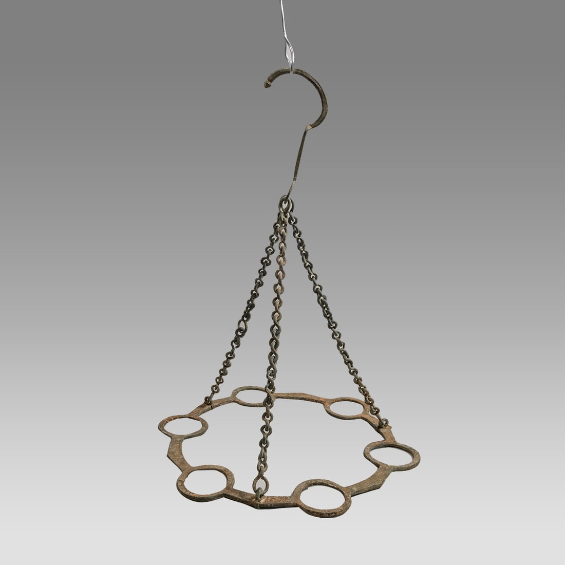 Ancient Byzantine Bronze Chandlier or Lamp c.5th cent CE.: Ancient Byzantine Bronze Chandlier or Lamp c.5th cent CE. Size 12 inches diameter, 16 inches hight. Fine cast bronze chandlier with three chains. originally held glass lamps, possibly from a church? P