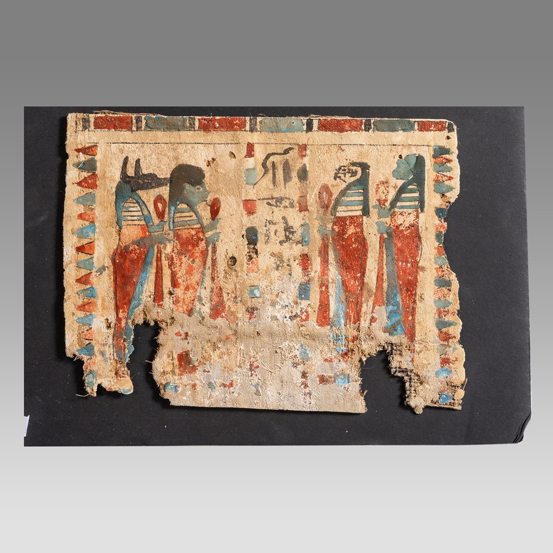 Ancient Egyptian Cartonnage Fragment with Sons Of Horus Ptolemaic Period c.3rd century BC.: Ancient Egyptian Cartonnage Fragment with Sons Of Horus Ptolemaic Period c.3rd century BC. Size 9 1/4 inches length, 7 inches high. A cartonnage fragment decorated with four sons of Horus. Provenance:
