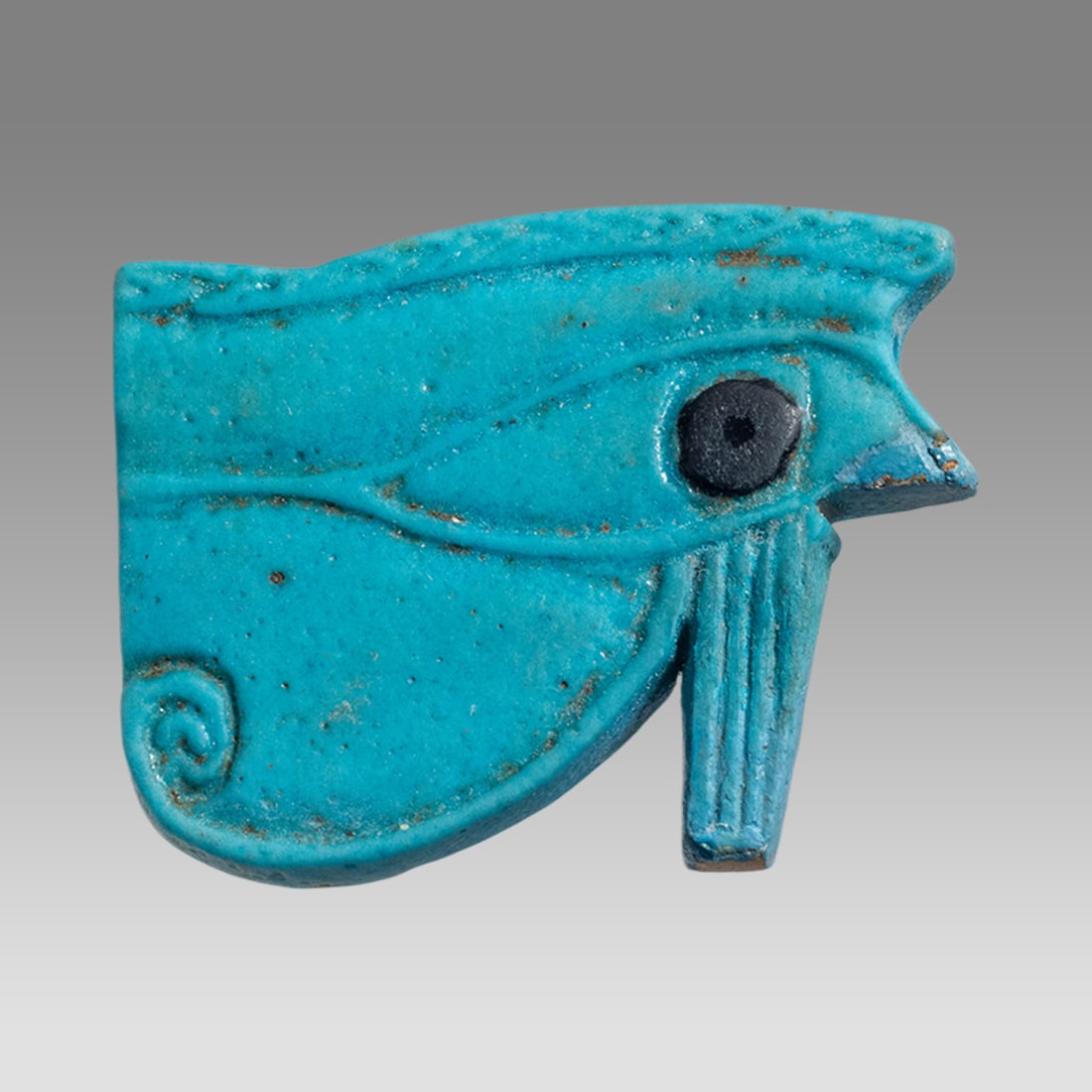 Ancient Egyptian Large Faience Eye Of Horus Late Period c.700-300 BC.: Ancient Egyptian Large Faience Eye Of Horus Late Period c.700-300 BC. Size 1 1/2 inches length, 1 1/8 inch width. Fine blue faience amulet of Eye of Horus. Great details and quality. Provenance: Priva
