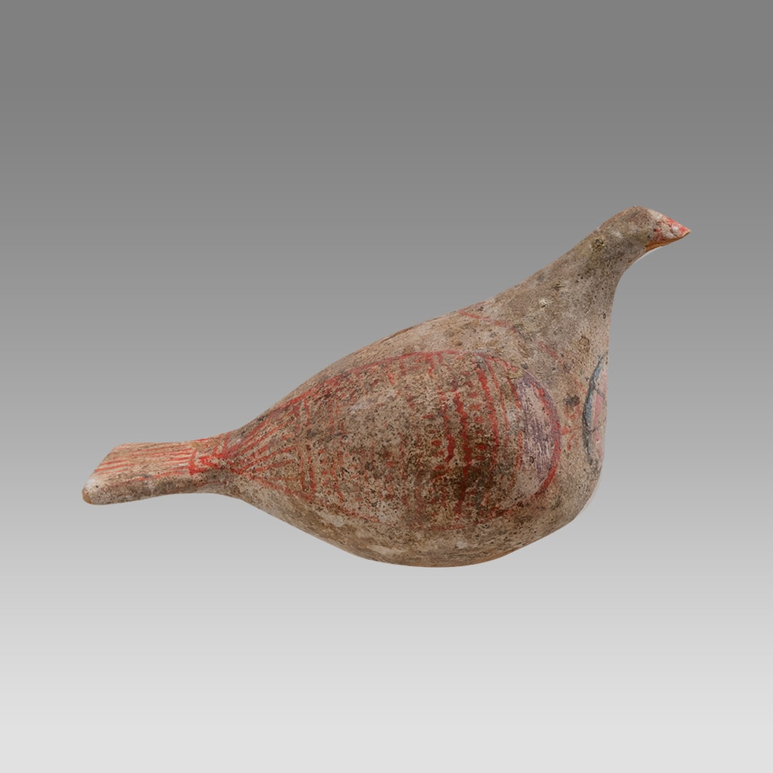 Ancient Greek Canosan Pottery Dove c.5th century BCE.: Ancient Greek Canosan Pottery Dove c.5th century BCE. Size 5 inches length, 2 1/4 inches width. Fine Hollow pottery Dove depcrated with red wings details. Provenance: Ex Private Florida Collection, Ac
