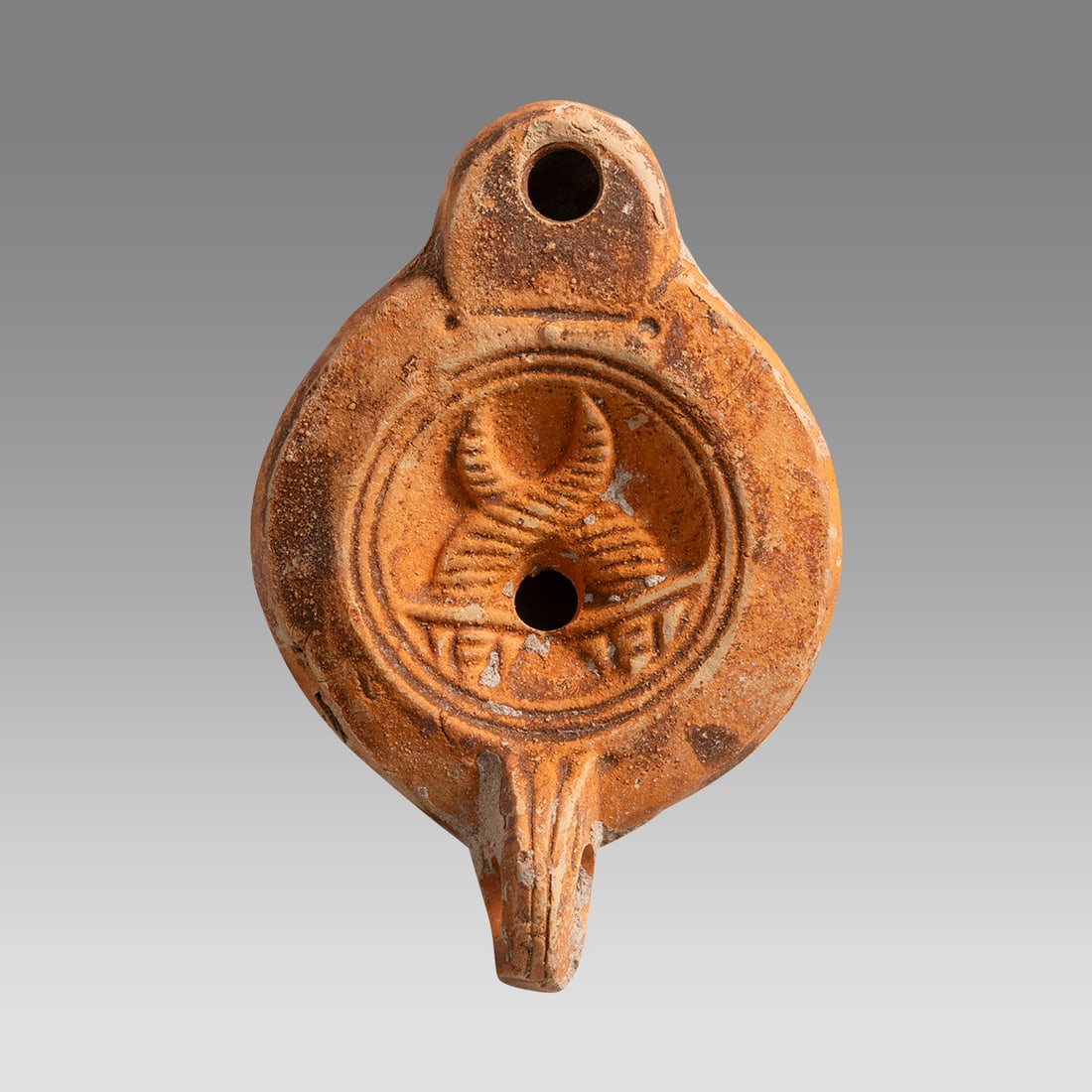 Ancient Roman Terracotta Oil Lamp WITH Double Cornucopia c.2nd cent CE. (1 of 2)