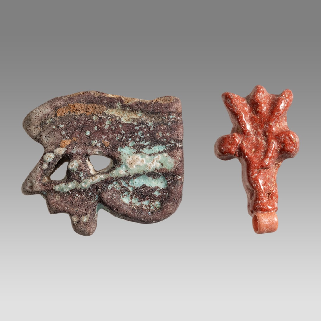 Lot of 2 Ancient Egyptian Faience Eye Of Horus, Phallus Amulets c.664-332 BC. (1 of 1)