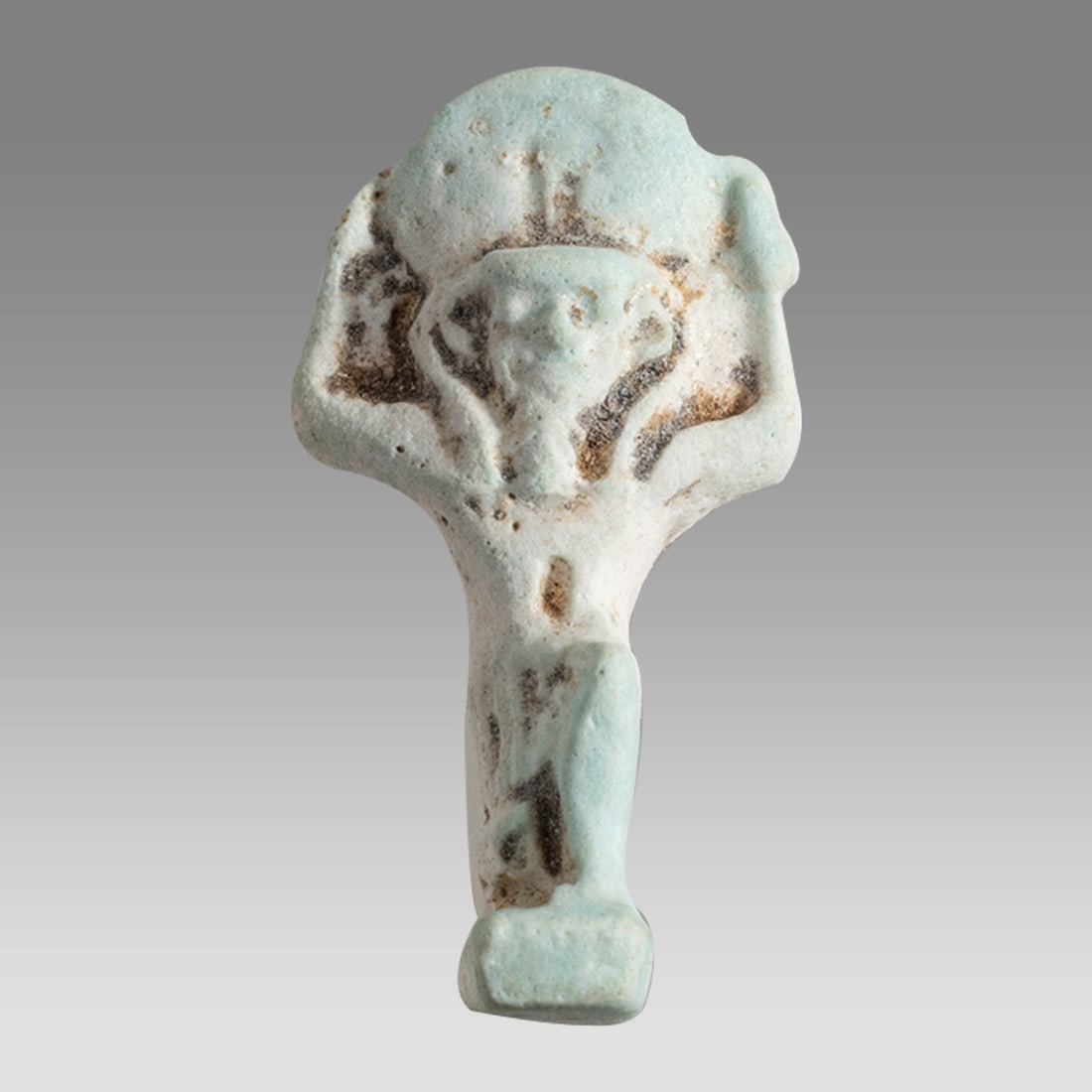 Ancient Egyptian Faience Amulet, Shu god c.664-332 BC.: Ancient Egyptian Faience Amulet, Shu god c.664-332 BC. Size 25 x 13 mm. Fine faience amulet of Shu. Suspension hole through the back. Provenance: Private collection, bought via London art market, form