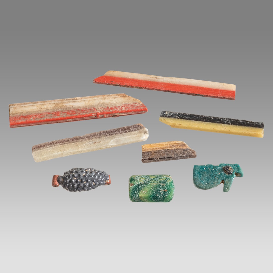 Lot of 8 Roman Egypt Mosaic Glass Fragments, Faience Amulets c.664-332 BC. (1 of 1)