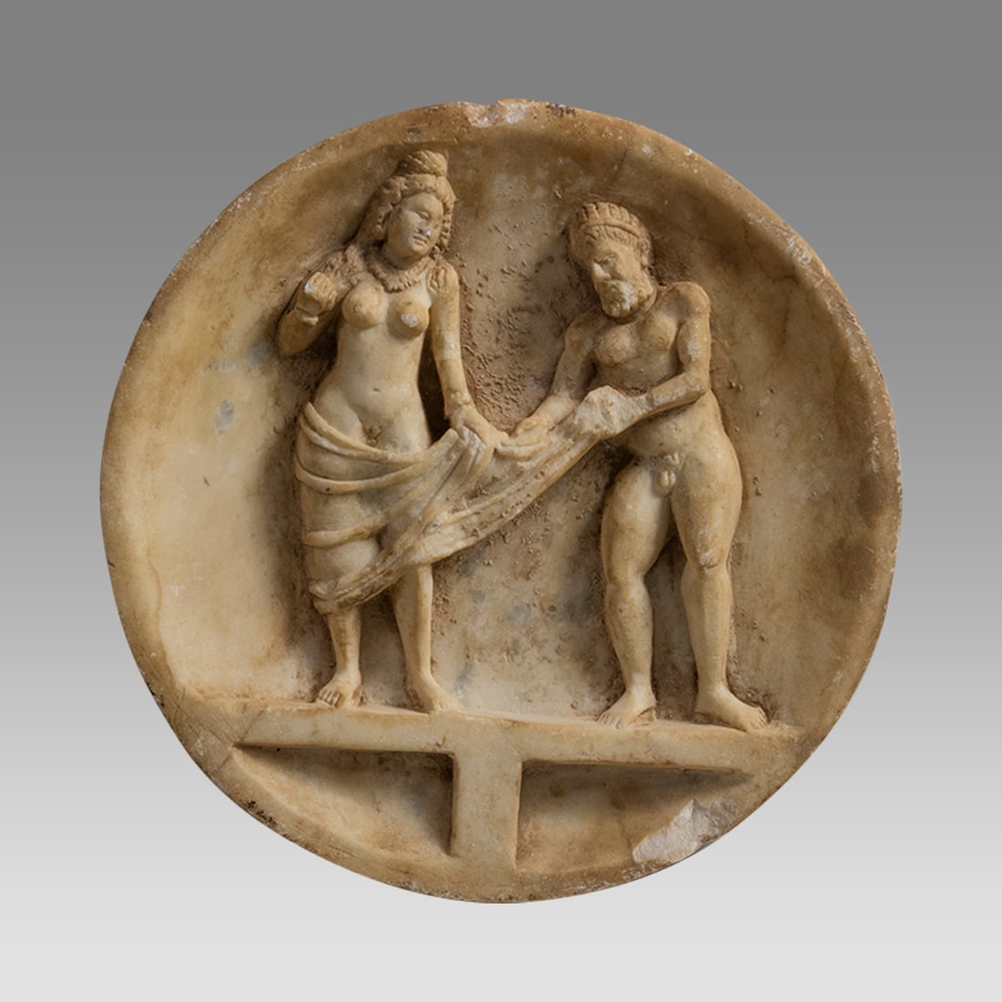 Eastern Greek Style Marble Bowl With Figures.: Eastern Greek Style Marble Bowl With Figures. Size 6 3/4 inches diameter, 1 inch high. Fine carved shallow marble bowl with relief of standing nude male and female figures. Not ancient. Private Europe