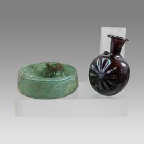 Ancient Sasanian Glass Bowl, Byzantine Style Glass Flask.