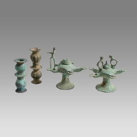 Lot of 4 Islamic Seljuk Bronze Oil Lamps, Candlesticks Post c.10th century AD.